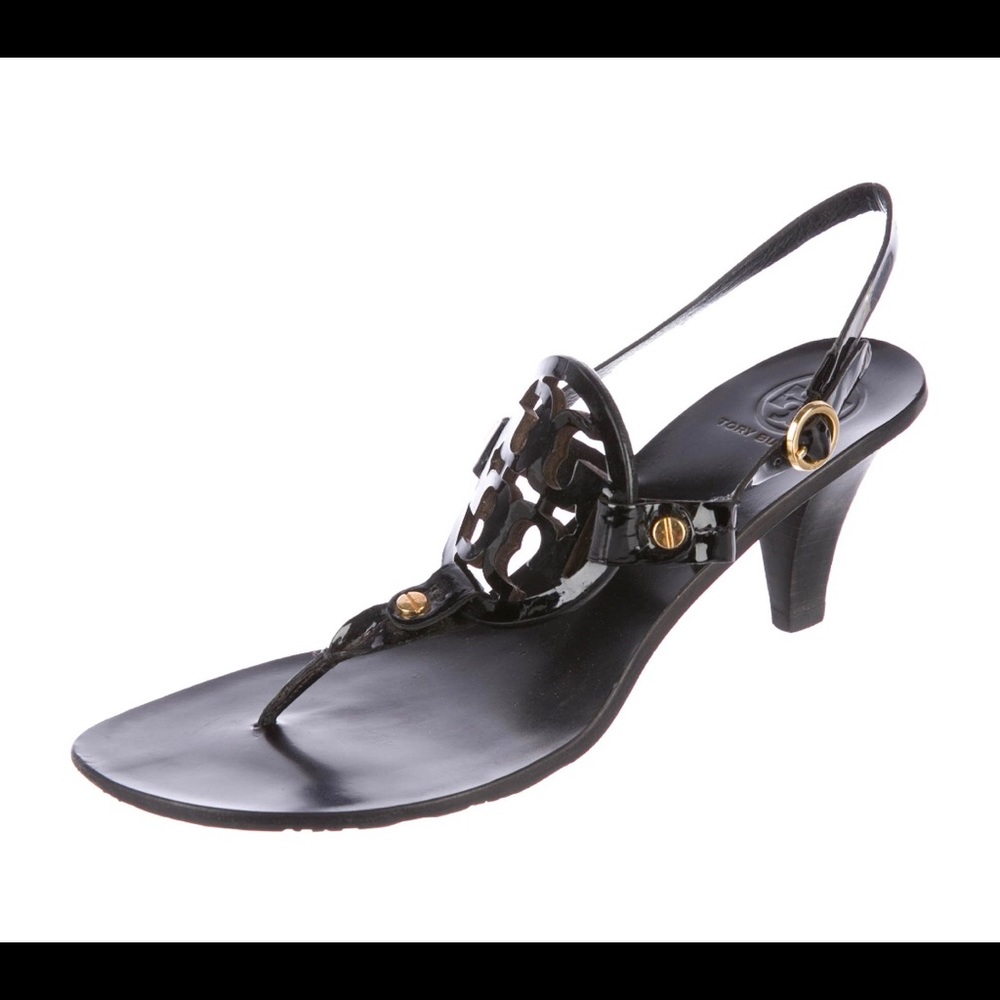 Tory Burch black patten leather thong sandals